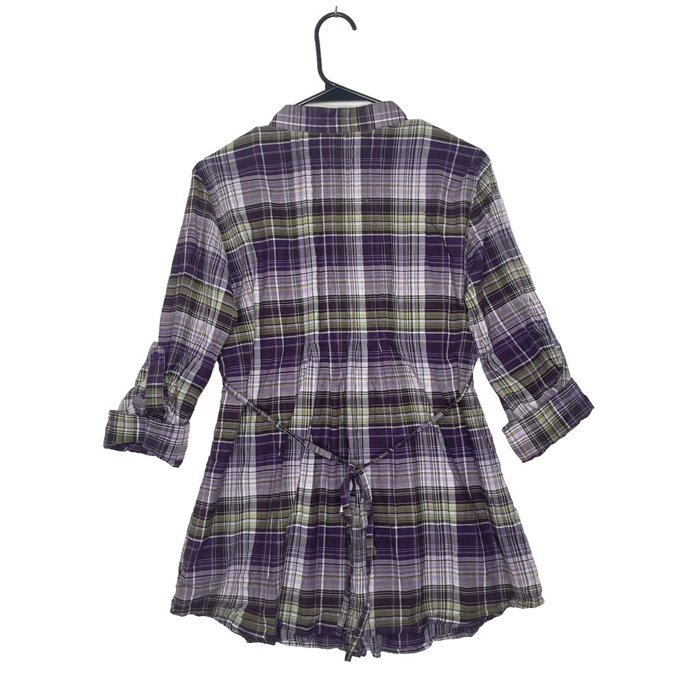 Plaid Button-Up Blouse - Purple and Green - Picture 2 of 6